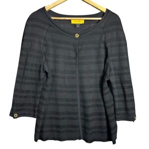 ST JOHN Black Striped 3/4 Sleeve Button Front Cardigan Sweater Knit wool sheer M